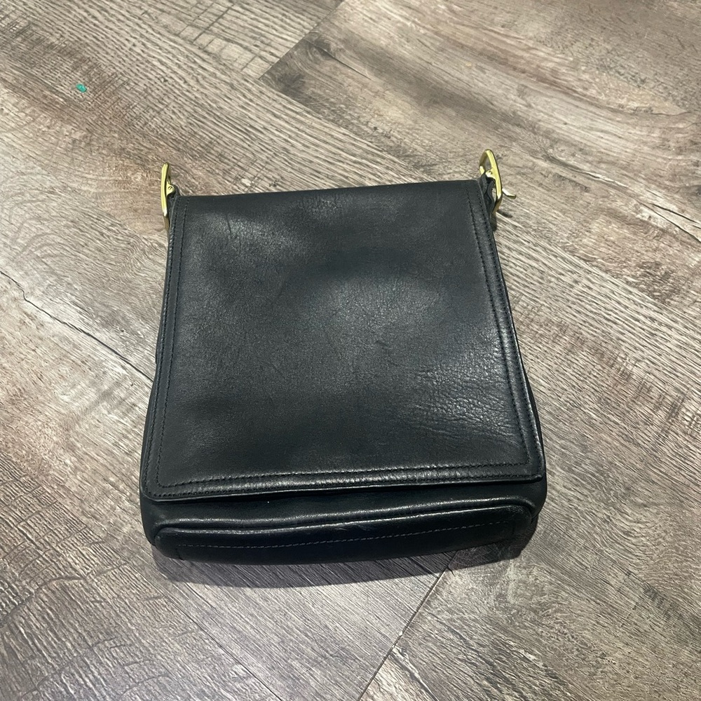 Black Leather Crossbody with Gold-Tone Accents